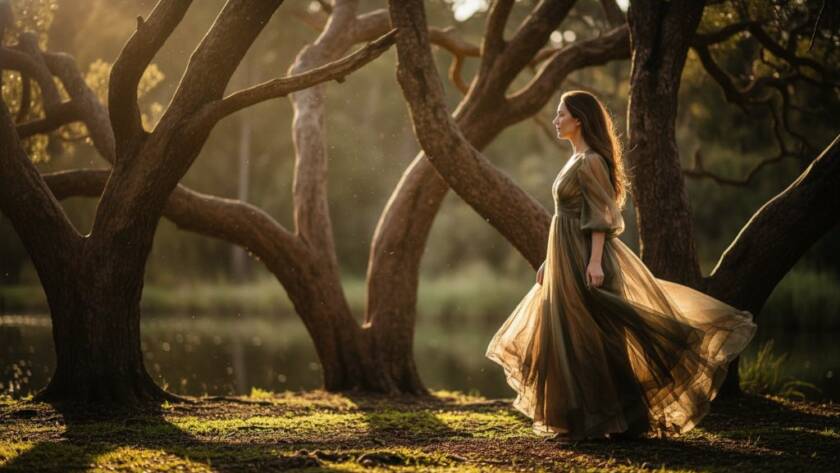 A stunning fine art portrait showcasing an ethereal fine art photography Forest Hill Victoria moment, with soft, dramatic natural light filtering through the canopies of Blackburn Lake Sanctuary, highlighting a subject in a flowing gown, creating a timeless and painterly aesthetic.
