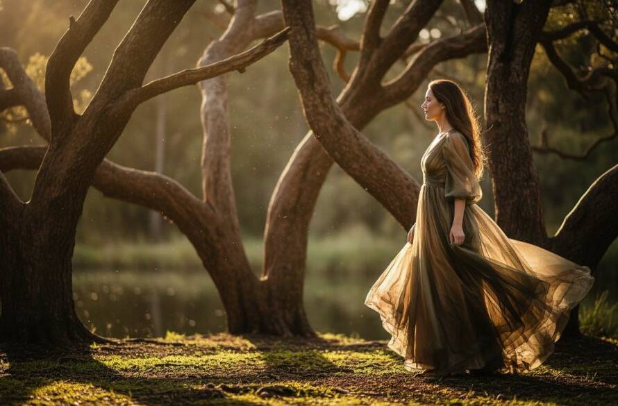A stunning fine art portrait showcasing an ethereal fine art photography Forest Hill Victoria moment, with soft, dramatic natural light filtering through the canopies of Blackburn Lake Sanctuary, highlighting a subject in a flowing gown, creating a timeless and painterly aesthetic.