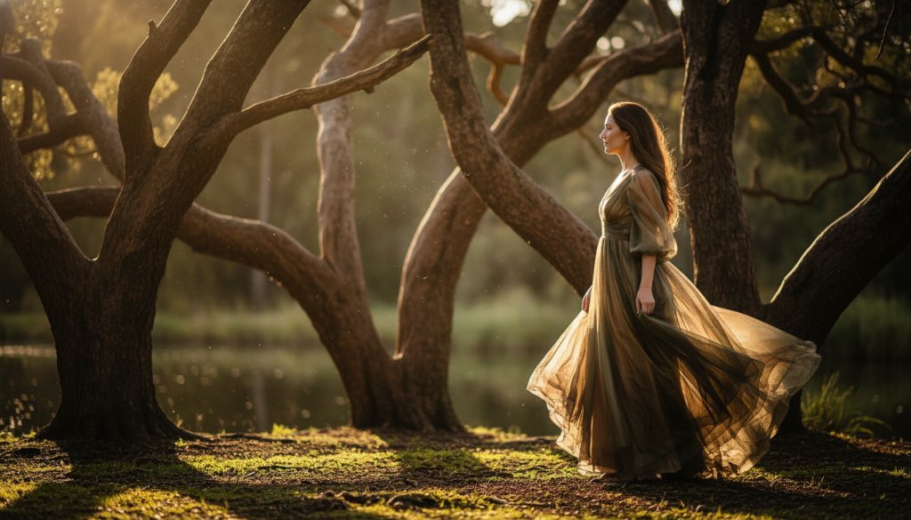 A stunning fine art portrait showcasing an ethereal fine art photography Forest Hill Victoria moment, with soft, dramatic natural light filtering through the canopies of Blackburn Lake Sanctuary, highlighting a subject in a flowing gown, creating a timeless and painterly aesthetic.