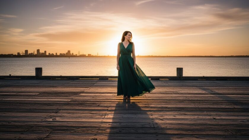 An ethereal fine art photography North Geelong waterfront scene featuring a lone figure bathed in golden hour light, standing by the shimmering bay, evoking a timeless and artistic portrait.