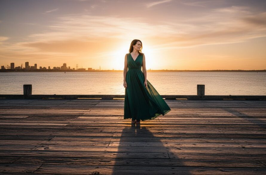 An ethereal fine art photography North Geelong waterfront scene featuring a lone figure bathed in golden hour light, standing by the shimmering bay, evoking a timeless and artistic portrait.