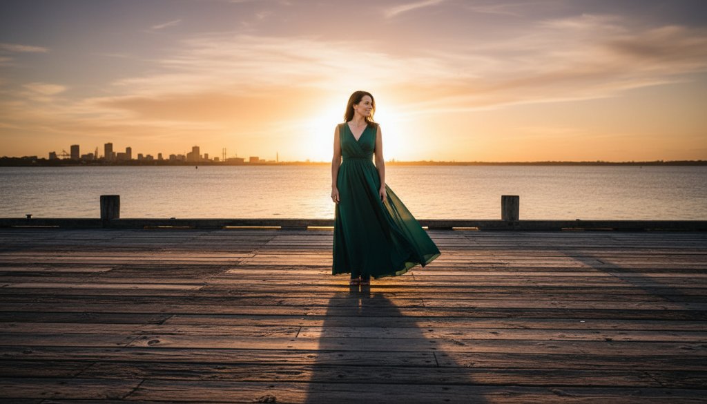 An ethereal fine art photography North Geelong waterfront scene featuring a lone figure bathed in golden hour light, standing by the shimmering bay, evoking a timeless and artistic portrait.