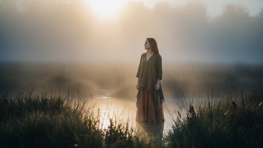An ethereal fine art photography Point Cook wetlands epic moment, featuring a lone figure standing amidst the golden hour light reflecting off tranquil waters at Point Cook Coastal Park, captured with dramatic lighting and professional colour grading.