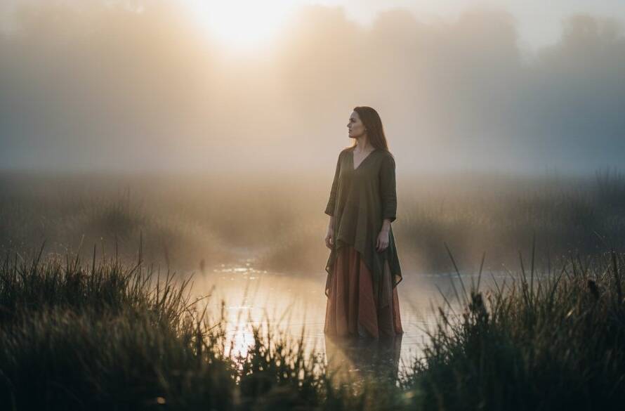 An ethereal fine art photography Point Cook wetlands epic moment, featuring a lone figure standing amidst the golden hour light reflecting off tranquil waters at Point Cook Coastal Park, captured with dramatic lighting and professional colour grading.