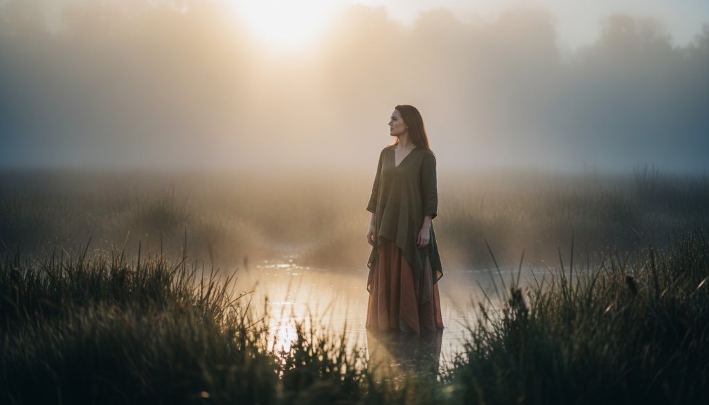 An ethereal fine art photography Point Cook wetlands epic moment, featuring a lone figure standing amidst the golden hour light reflecting off tranquil waters at Point Cook Coastal Park, captured with dramatic lighting and professional colour grading.