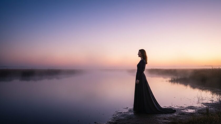 An ethereal fine art photography Sale Victoria's wetlands scene, featuring a lone figure silhouetted against a dramatic sunrise over the Sale Common wetlands, with mist rising from the water, evoking a sense of profound tranquility and artistic beauty.