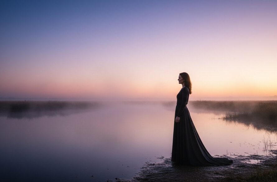 An ethereal fine art photography Sale Victoria's wetlands scene, featuring a lone figure silhouetted against a dramatic sunrise over the Sale Common wetlands, with mist rising from the water, evoking a sense of profound tranquility and artistic beauty.