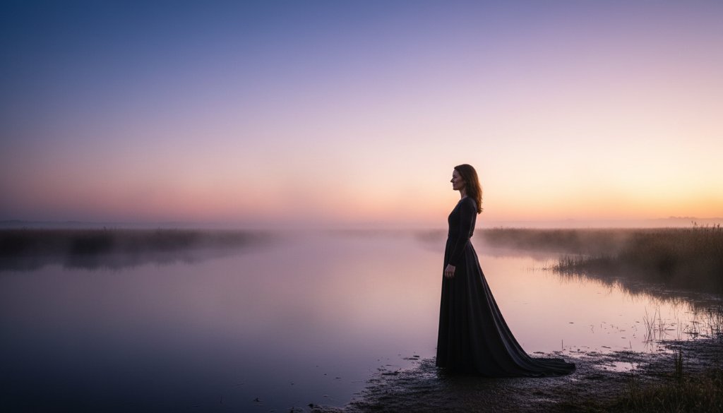 An ethereal fine art photography Sale Victoria's wetlands scene, featuring a lone figure silhouetted against a dramatic sunrise over the Sale Common wetlands, with mist rising from the water, evoking a sense of profound tranquility and artistic beauty.