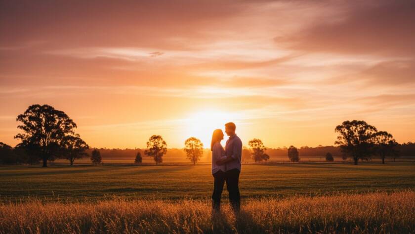 An emotionally resonant and visually stunning epic moment captured with ethereal fine art photography in Wantirna South, showing a family silhouetted against a golden sunset at Llewellyn Park, professionally colour-graded with dramatic backlighting.