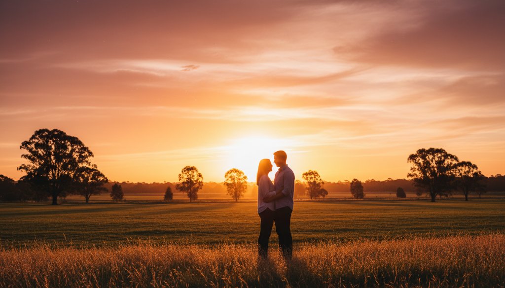 An emotionally resonant and visually stunning epic moment captured with ethereal fine art photography in Wantirna South, showing a family silhouetted against a golden sunset at Llewellyn Park, professionally colour-graded with dramatic backlighting.