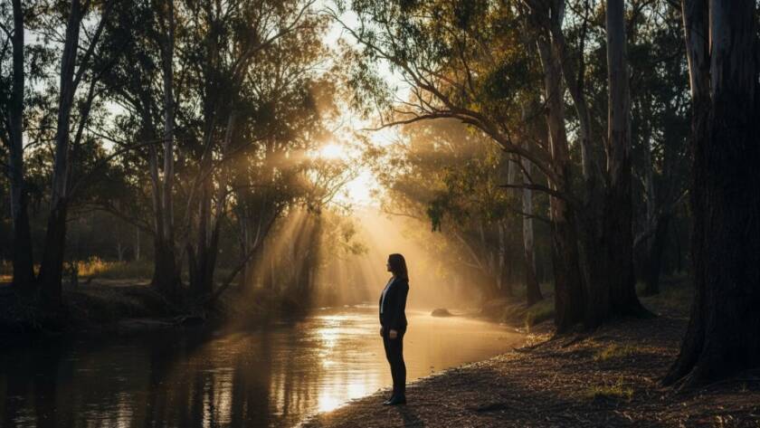 An ethereal fine art photography Warrandyte South image featuring a lone figure standing amidst the golden hour glow of the Yarra River, surrounded by ancient gum trees, evoking a sense of tranquil contemplation and artistic beauty.