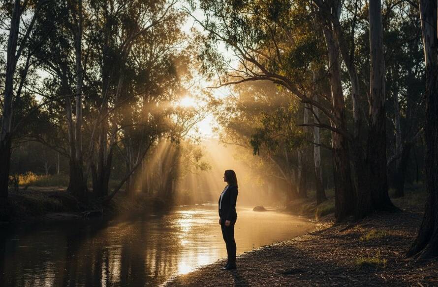 An ethereal fine art photography Warrandyte South image featuring a lone figure standing amidst the golden hour glow of the Yarra River, surrounded by ancient gum trees, evoking a sense of tranquil contemplation and artistic beauty.