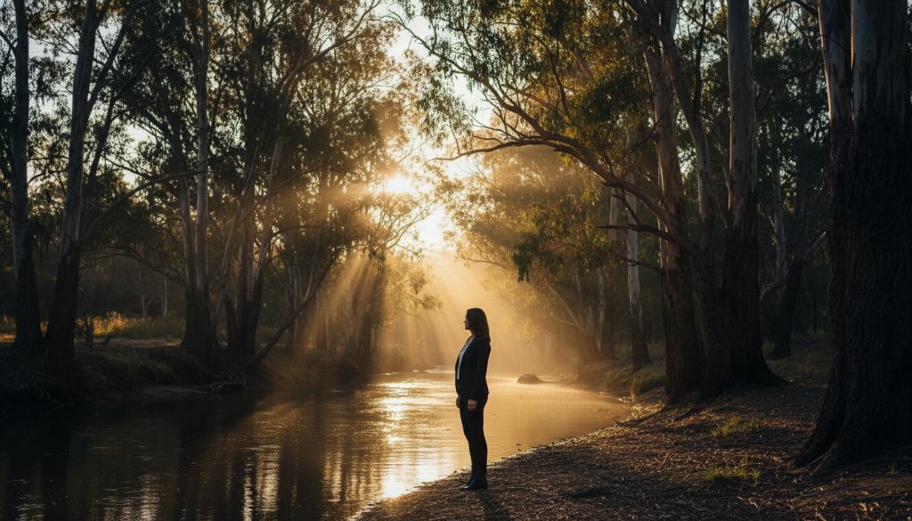 An ethereal fine art photography Warrandyte South image featuring a lone figure standing amidst the golden hour glow of the Yarra River, surrounded by ancient gum trees, evoking a sense of tranquil contemplation and artistic beauty.
