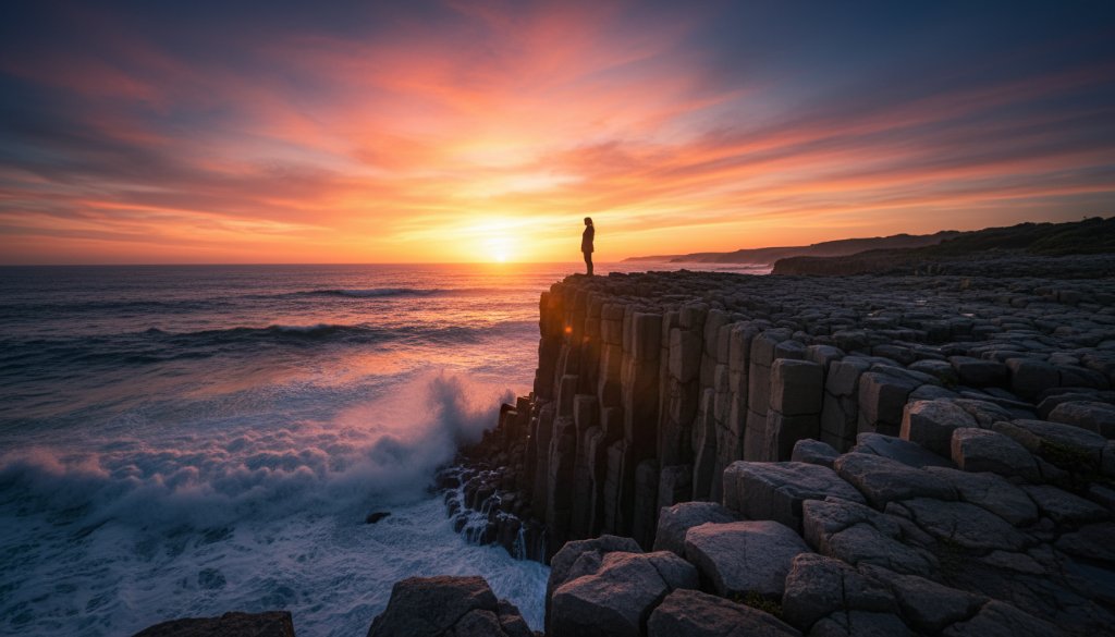 An ethereal fine art photography Warrnambool rugged coast image showcasing a lone figure standing heroically against the dramatic backdrop of crashing waves and ancient cliffs at sunset, bathed in golden light, evoking a sense of powerful solitude and natural grandeur.
