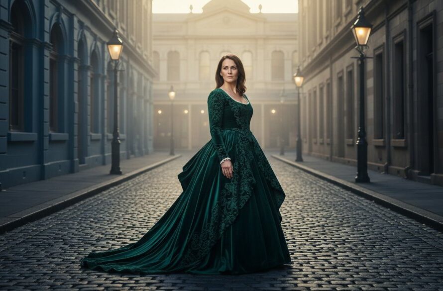 Ethereal Fine Art Portraits Ballarat Central: A dramatic, color-graded photograph capturing a solitary figure in a flowing gown amidst the historic architecture of Ballarat Central, bathed in cinematic twilight, evoking profound emotion and timeless beauty.
