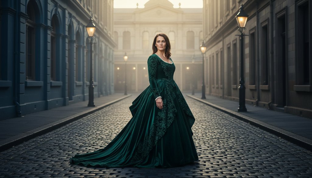 Ethereal Fine Art Portraits Ballarat Central: A dramatic, color-graded photograph capturing a solitary figure in a flowing gown amidst the historic architecture of Ballarat Central, bathed in cinematic twilight, evoking profound emotion and timeless beauty.