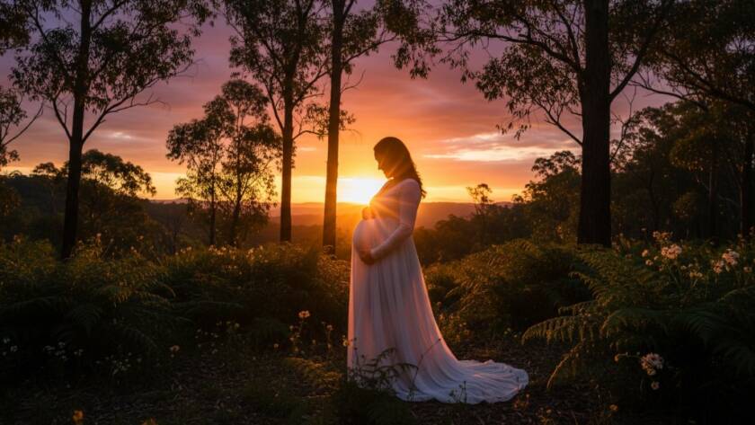A breathtaking epic moment captured during ethereal maternity photos in Upper Ferntree Gully Ranges, featuring an expectant mother glowing amidst the natural bushland at sunset, with soft golden light highlighting her silhouette and the scenic Dandenong Ranges backdrop.