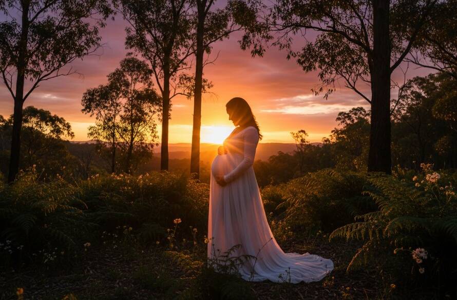 A breathtaking epic moment captured during ethereal maternity photos in Upper Ferntree Gully Ranges, featuring an expectant mother glowing amidst the natural bushland at sunset, with soft golden light highlighting her silhouette and the scenic Dandenong Ranges backdrop.