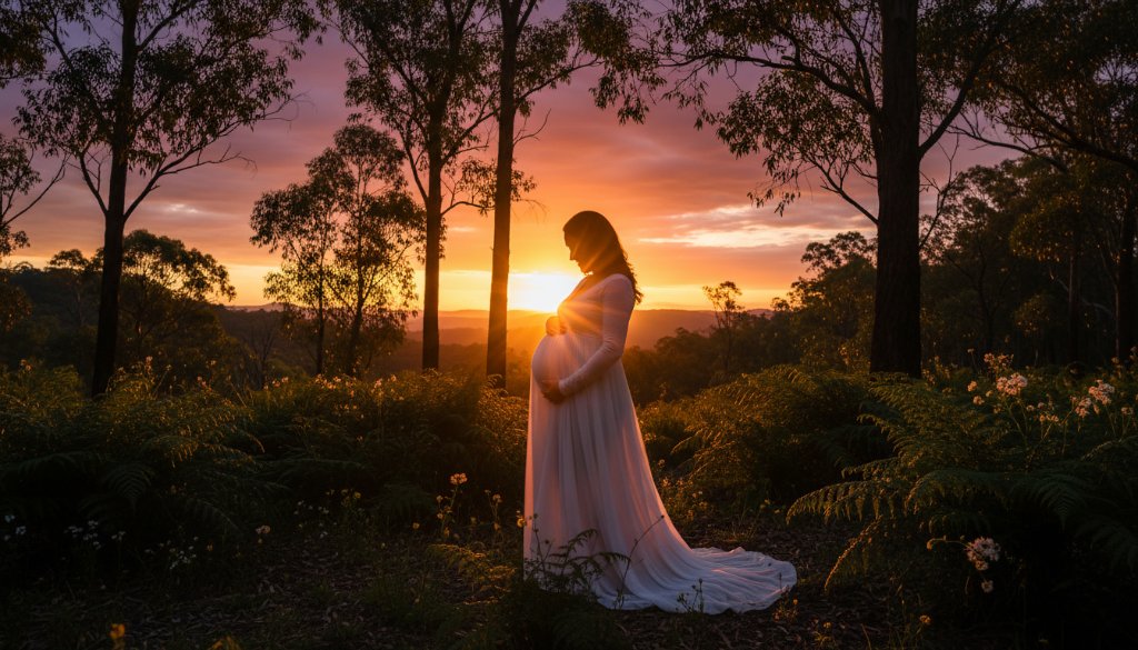 A breathtaking epic moment captured during ethereal maternity photos in Upper Ferntree Gully Ranges, featuring an expectant mother glowing amidst the natural bushland at sunset, with soft golden light highlighting her silhouette and the scenic Dandenong Ranges backdrop.