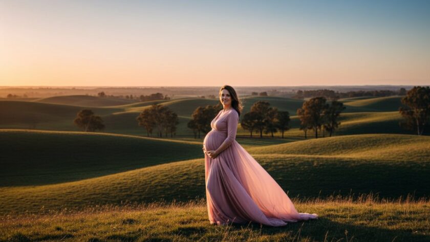 A breathtaking and ethereal Mount Clear maternity photoshoot Victoria moment, featuring a glowing pregnant woman silhouetted against a dramatic sunset over rolling hills, with a flowing gown catching the golden light, conveying grace and anticipation.