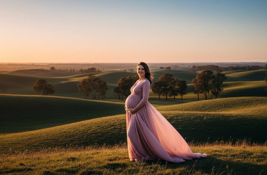 A breathtaking and ethereal Mount Clear maternity photoshoot Victoria moment, featuring a glowing pregnant woman silhouetted against a dramatic sunset over rolling hills, with a flowing gown catching the golden light, conveying grace and anticipation.
