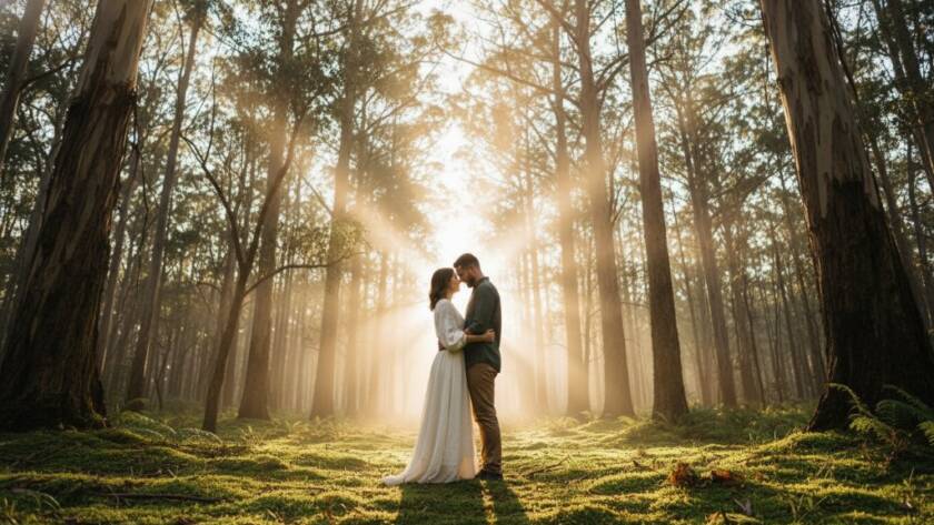 An ethereal pre-wedding photography moment in The Basin nature sanctuary, featuring a couple embracing under a canopy of ancient trees, bathed in dramatic golden hour light filtering through the mist, capturing their profound connection.