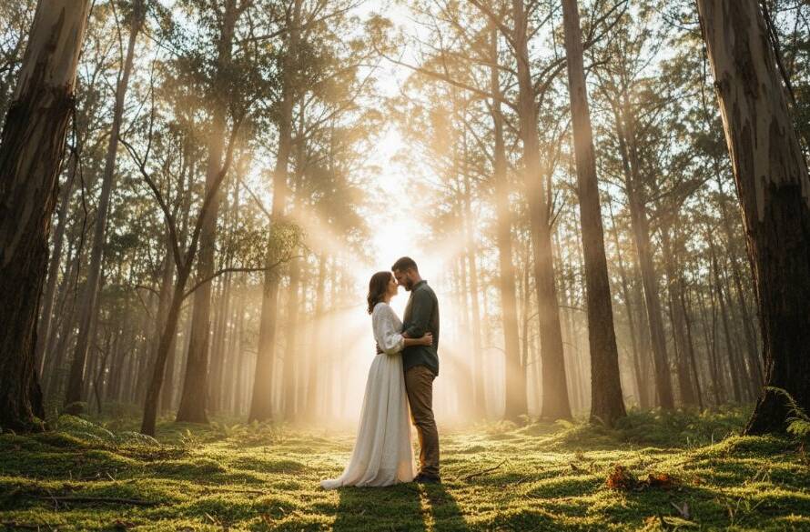 An ethereal pre-wedding photography moment in The Basin nature sanctuary, featuring a couple embracing under a canopy of ancient trees, bathed in dramatic golden hour light filtering through the mist, capturing their profound connection.
