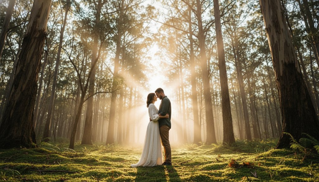 An ethereal pre-wedding photography moment in The Basin nature sanctuary, featuring a couple embracing under a canopy of ancient trees, bathed in dramatic golden hour light filtering through the mist, capturing their profound connection.