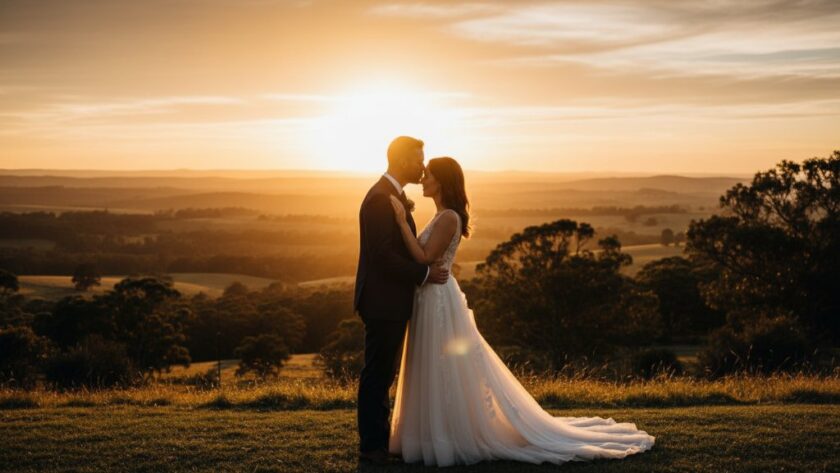 Ethereal Woodend wedding photography capturing natural light moments, featuring a couple embracing under the dramatic golden hour sun, silhouetted against a stunning Woodend country landscape, highlighting their intimate connection.