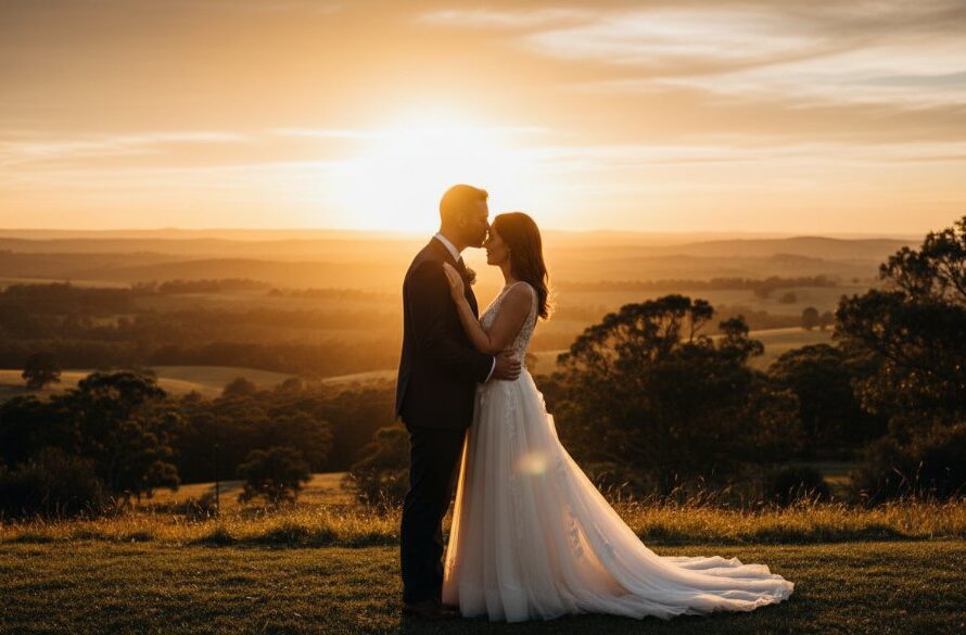 Ethereal Woodend wedding photography capturing natural light moments, featuring a couple embracing under the dramatic golden hour sun, silhouetted against a stunning Woodend country landscape, highlighting their intimate connection.