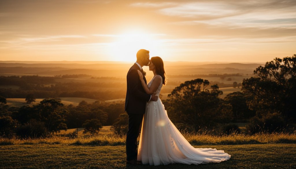 Ethereal Woodend wedding photography capturing natural light moments, featuring a couple embracing under the dramatic golden hour sun, silhouetted against a stunning Woodend country landscape, highlighting their intimate connection.