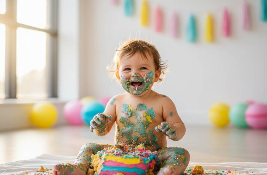 An epic moment captured by an Eumemmerring Cake Smash Photographer First Birthday Memories session, showing a baby giggling, covered in colourful cake, with frosting flying, dramatically lit in a warm, inviting studio setting, full of pure, unadulterated joy.