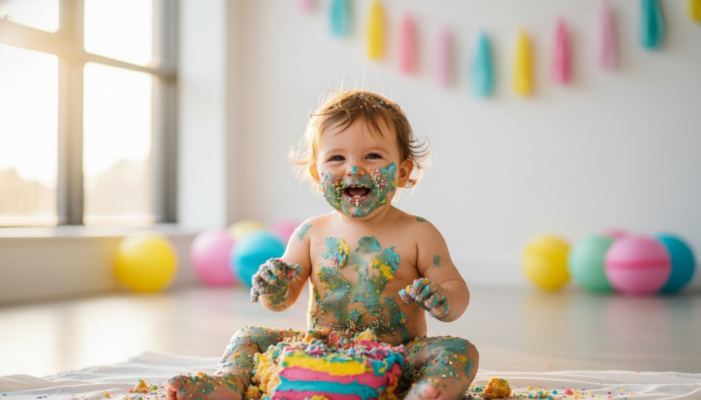 An epic moment captured by an Eumemmerring Cake Smash Photographer First Birthday Memories session, showing a baby giggling, covered in colourful cake, with frosting flying, dramatically lit in a warm, inviting studio setting, full of pure, unadulterated joy.