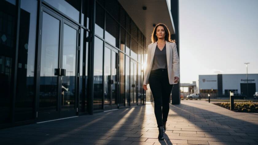 An inspiring close-up of a confident female professional captured during Eumemmerring corporate headshots for local professionals, with dramatic cinematic lighting highlighting her determined expression against a subtly blurred Eumemmerring industrial park backdrop at dusk, conveying strength and vision.