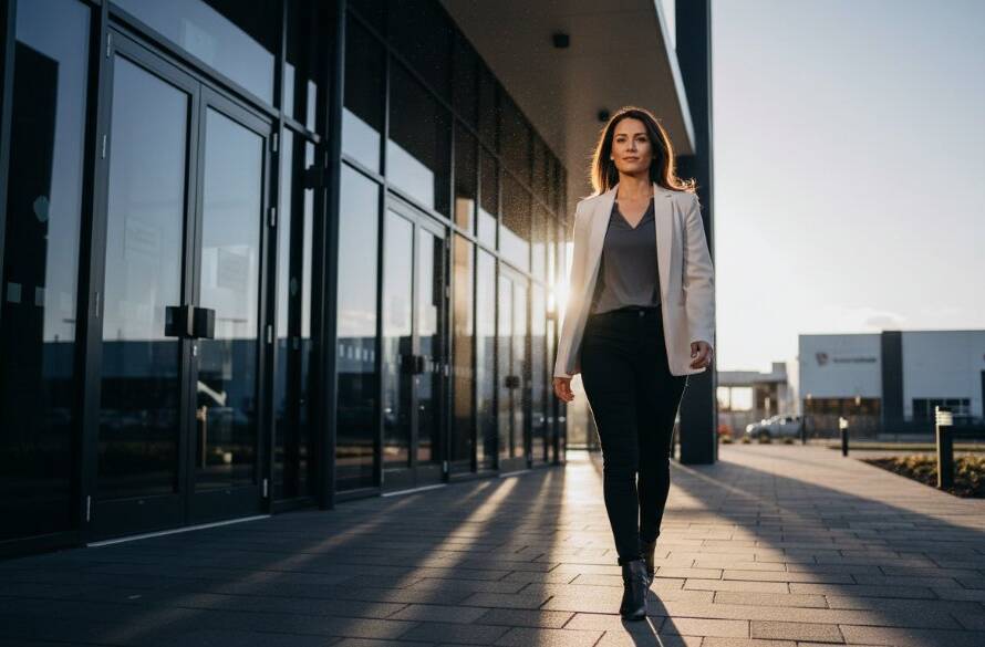 An inspiring close-up of a confident female professional captured during Eumemmerring corporate headshots for local professionals, with dramatic cinematic lighting highlighting her determined expression against a subtly blurred Eumemmerring industrial park backdrop at dusk, conveying strength and vision.