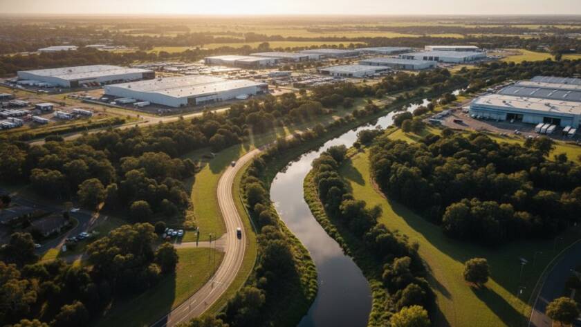 An epic aerial photograph captured by drone, showcasing the vibrant Eumemmerring landscape at sunrise, with a dramatic interplay of industrial structures and green spaces under a golden light, emphasizing Eumemmerring drone photography for stunning aerial perspectives.