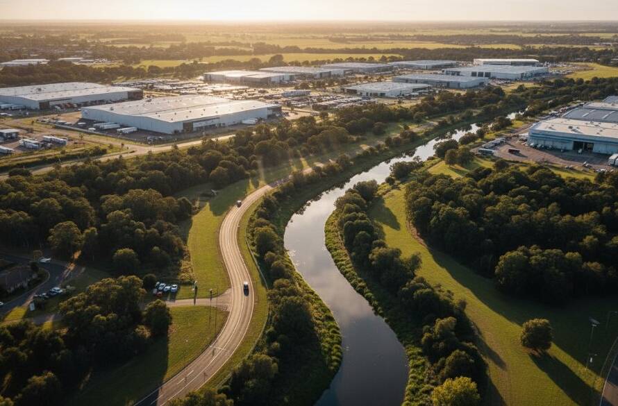 An epic aerial photograph captured by drone, showcasing the vibrant Eumemmerring landscape at sunrise, with a dramatic interplay of industrial structures and green spaces under a golden light, emphasizing Eumemmerring drone photography for stunning aerial perspectives.