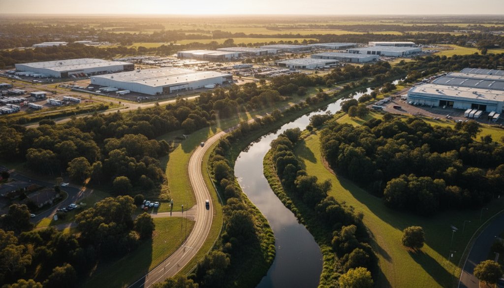 An epic aerial photograph captured by drone, showcasing the vibrant Eumemmerring landscape at sunrise, with a dramatic interplay of industrial structures and green spaces under a golden light, emphasizing Eumemmerring drone photography for stunning aerial perspectives.