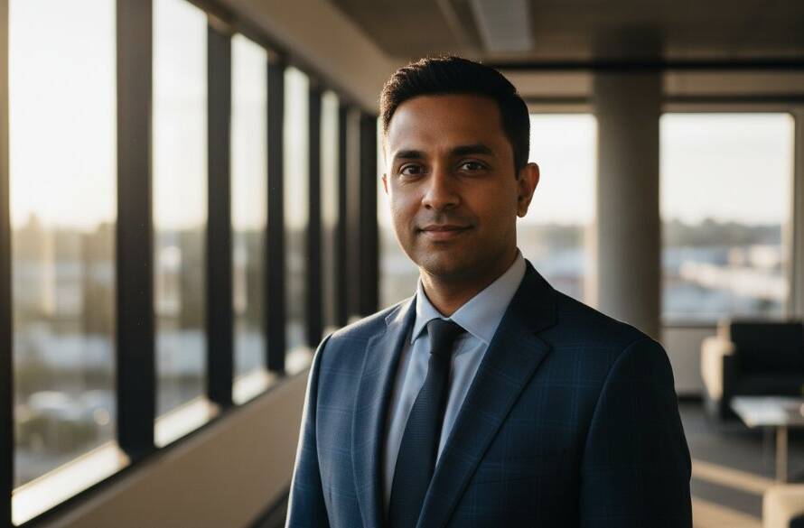 A powerful, cinematic professional portrait, showcasing a confident executive with dramatic lighting and a thoughtful expression, embodying Eumemmerring executive headshot photography expertise.