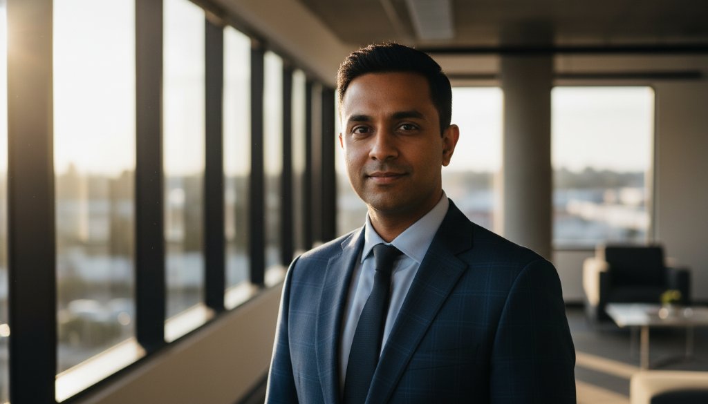 A powerful, cinematic professional portrait, showcasing a confident executive with dramatic lighting and a thoughtful expression, embodying Eumemmerring executive headshot photography expertise.