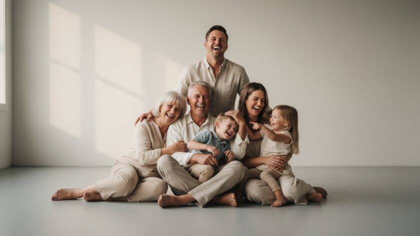 A joyful multi-generational family in Eumemmerring posing for studio portraits with natural light, capturing a heartwarming, authentic moment with soft, professional lighting and a clean aesthetic.