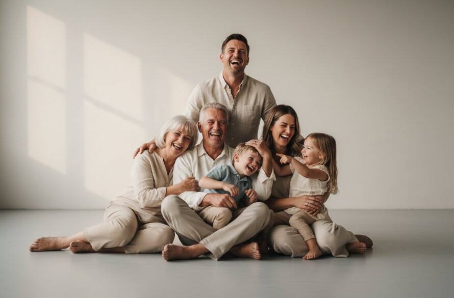 A joyful multi-generational family in Eumemmerring posing for studio portraits with natural light, capturing a heartwarming, authentic moment with soft, professional lighting and a clean aesthetic.