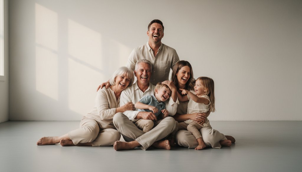 A joyful multi-generational family in Eumemmerring posing for studio portraits with natural light, capturing a heartwarming, authentic moment with soft, professional lighting and a clean aesthetic.