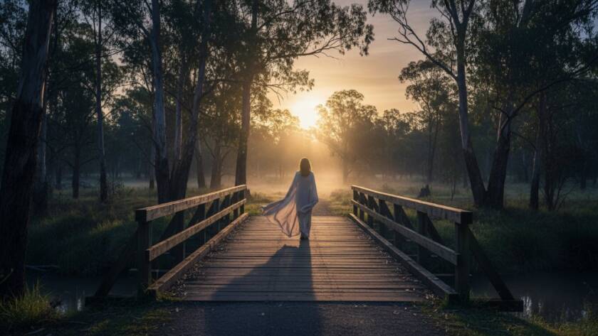 An epic moment captured in Eumemmerring fine art photography, depicting a solitary figure silhouetted against a dramatic sunset over Dandenong Creek, with intricate light play and deep emotive tones.