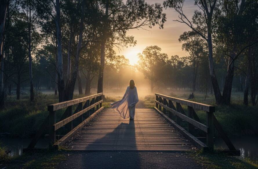 An epic moment captured in Eumemmerring fine art photography, depicting a solitary figure silhouetted against a dramatic sunset over Dandenong Creek, with intricate light play and deep emotive tones.