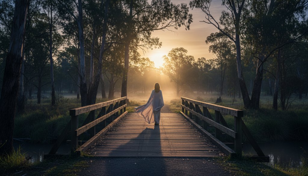 An epic moment captured in Eumemmerring fine art photography, depicting a solitary figure silhouetted against a dramatic sunset over Dandenong Creek, with intricate light play and deep emotive tones.