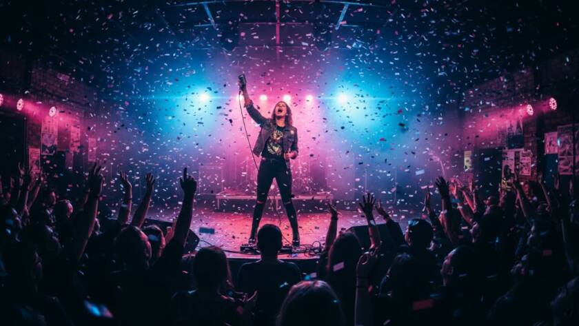 Dynamic wide shot capturing an electrifying Eumemmerring live music photography moment during a rock concert, with a lead guitarist mid-shred under dramatic purple stage lights, the crowd cheering, and a hazy atmosphere.