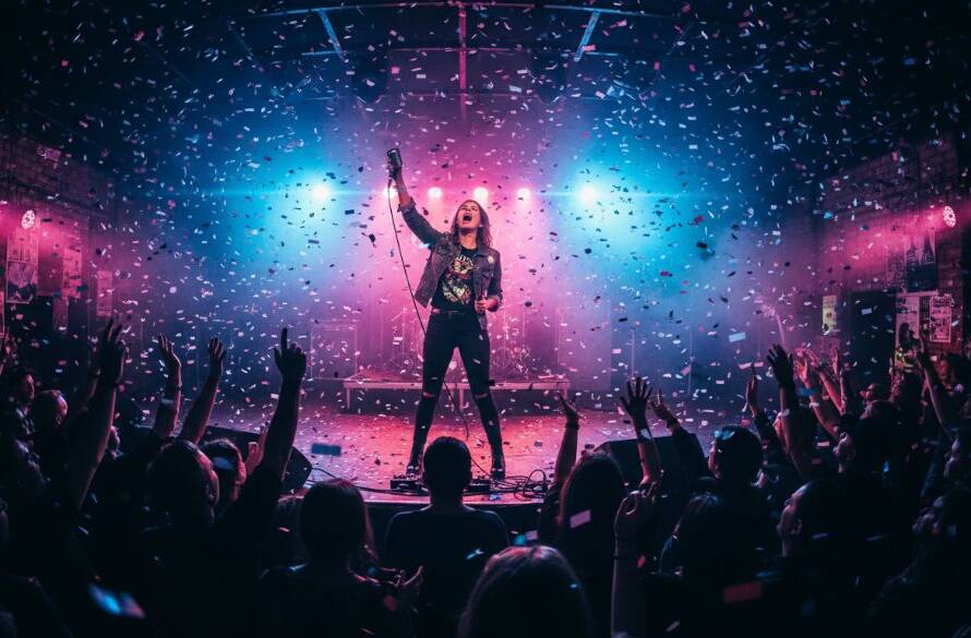 Dynamic wide shot capturing an electrifying Eumemmerring live music photography moment during a rock concert, with a lead guitarist mid-shred under dramatic purple stage lights, the crowd cheering, and a hazy atmosphere.