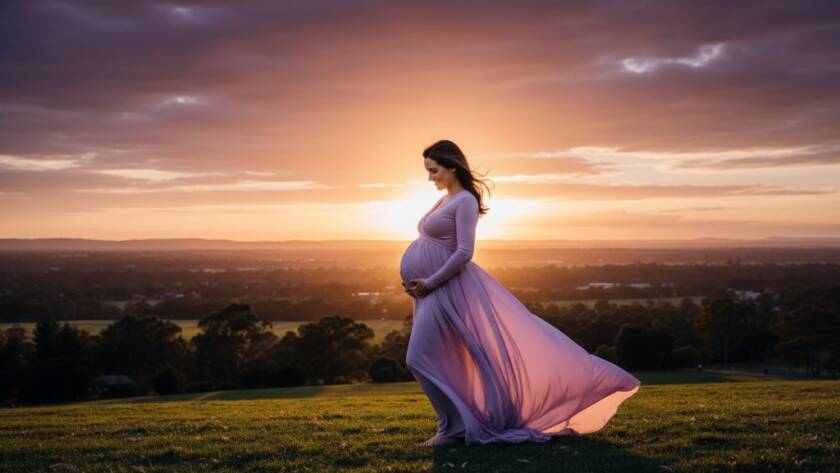 An expectant mother, silhouetted against a dramatic sunset over a serene Eumemmerring landscape, cradling her belly. The 'Eumemmerring Maternity Photography Capturing Joy' photo exudes warmth and anticipation.