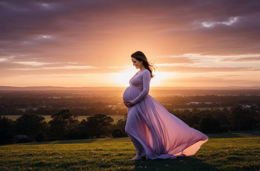 An expectant mother, silhouetted against a dramatic sunset over a serene Eumemmerring landscape, cradling her belly. The 'Eumemmerring Maternity Photography Capturing Joy' photo exudes warmth and anticipation.